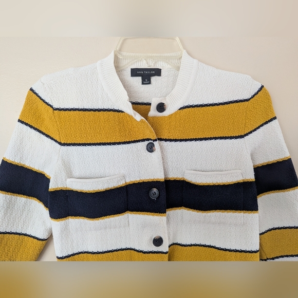 Ann Taylor Striped Nautical Cardigan Sweater, Yellow, White, & Black (SIZE S) - Picture 4 of 13
